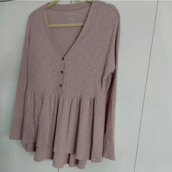 American Eagle Soft Ribbed Knit Henley babydoll top blouse shirt Blush pink S - Picture 2 of 6